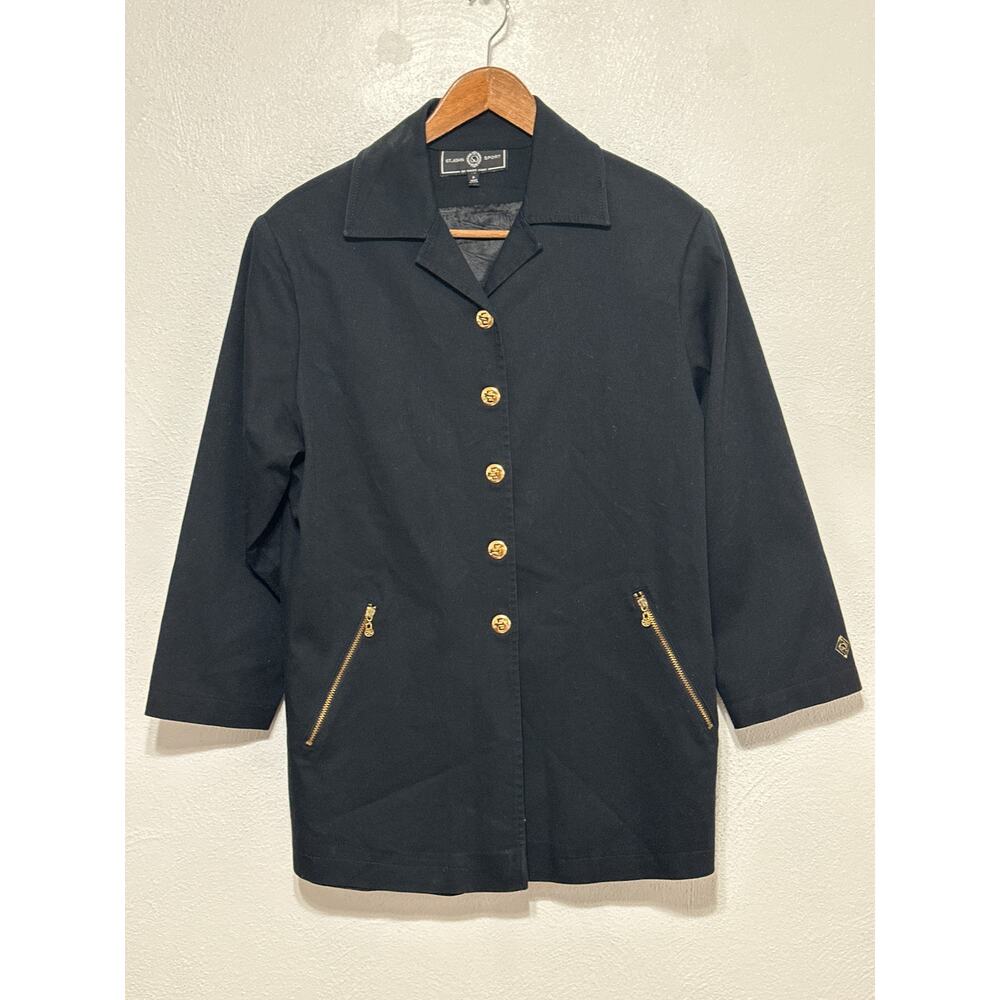 St. John Sport Jacket S Black Gold Turn Lock Buttons Designer Old Money Preppy